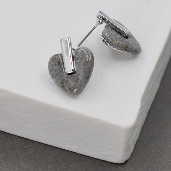 Grey resin heart shape stud earrings