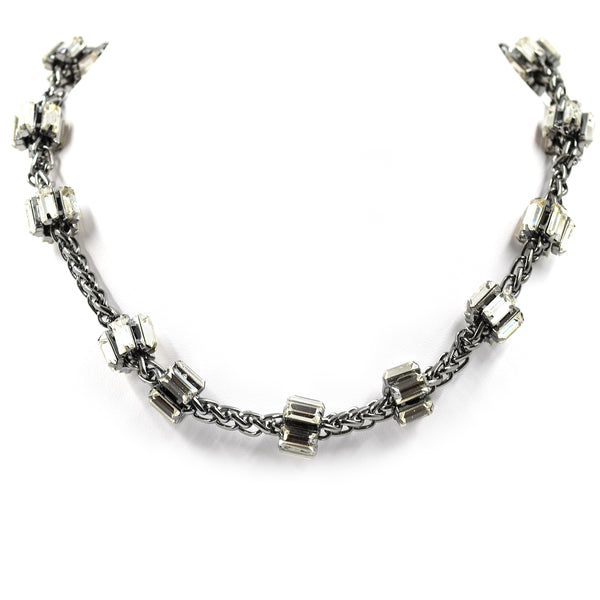 Pewter colour chain link short necklace with crystals