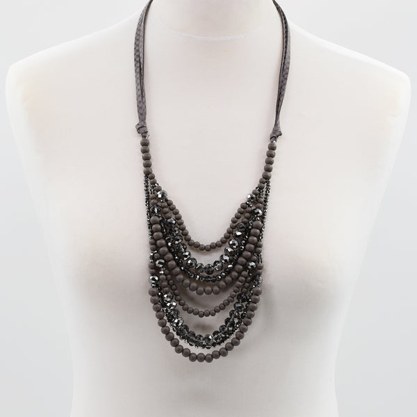 Double layer section statement necklace with grey glass cut