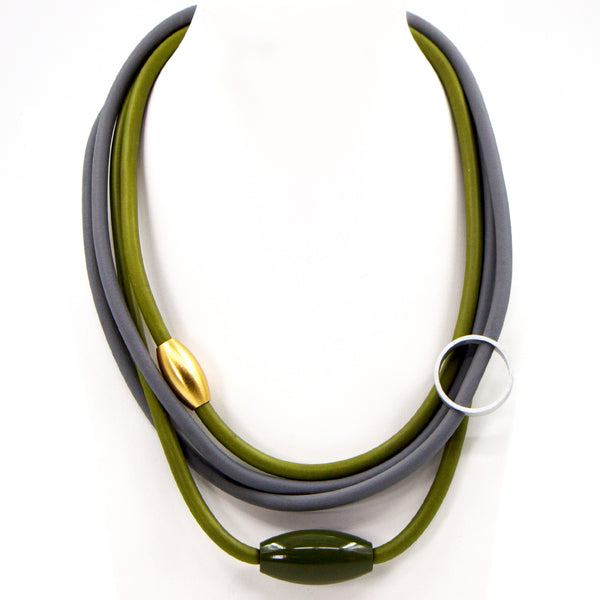 Grey and green short rubber statement necklace with beads