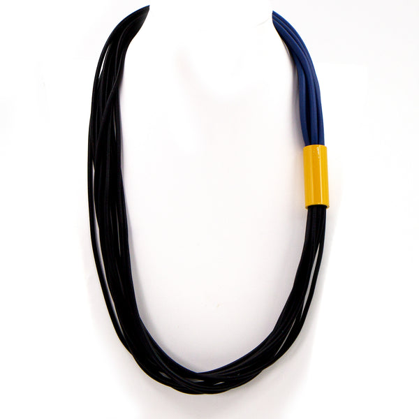 Blue and black short rubber statement necklace with mustard