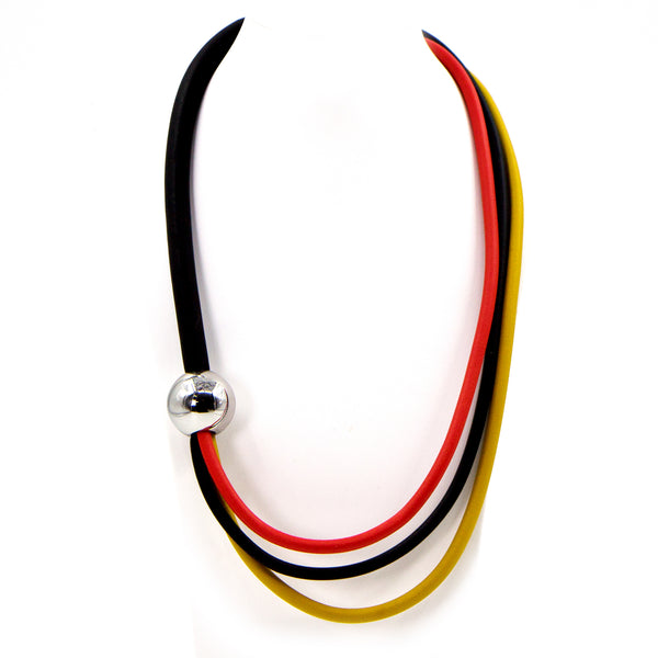 Mustard, red and black, 3 strand short necklace with silver bead