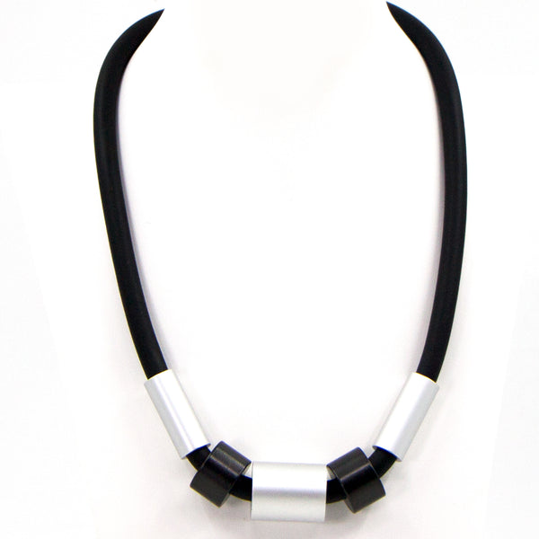 Simple single strand neoprene necklace with silver and gunmetal