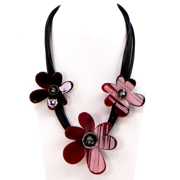 Resin flower necklace on multi wax cord with black diamond centres