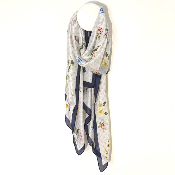 'GUCCI' style retro silky scarf with flowers and navy boarder