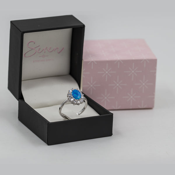925 Blue Japanese Opal and CZ crystal cluster oval ring