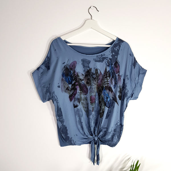 Feather motif t-shirt with tie front