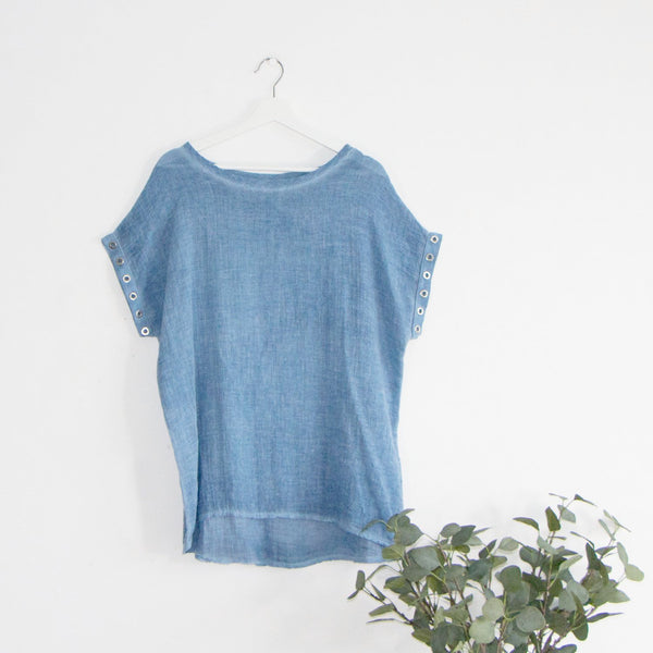 linen mix top with eyelet detail on sleeves