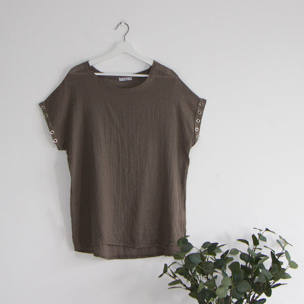 linen mix top with eyelet detail on sleeves