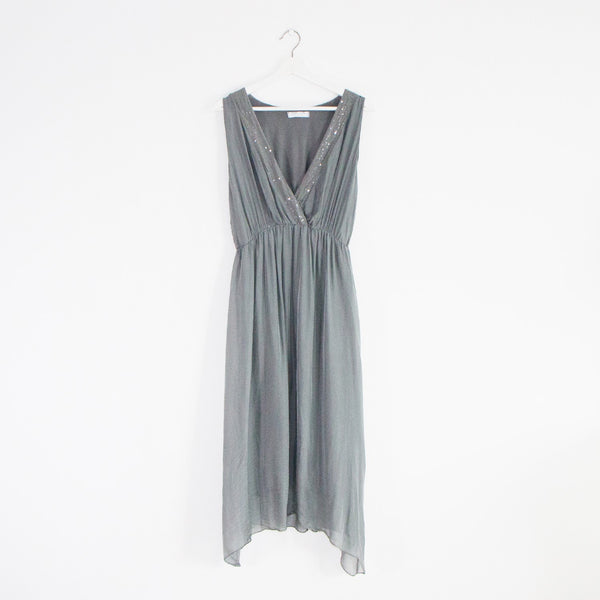 100% Silk sleeveless midi dress with a sequin neckline