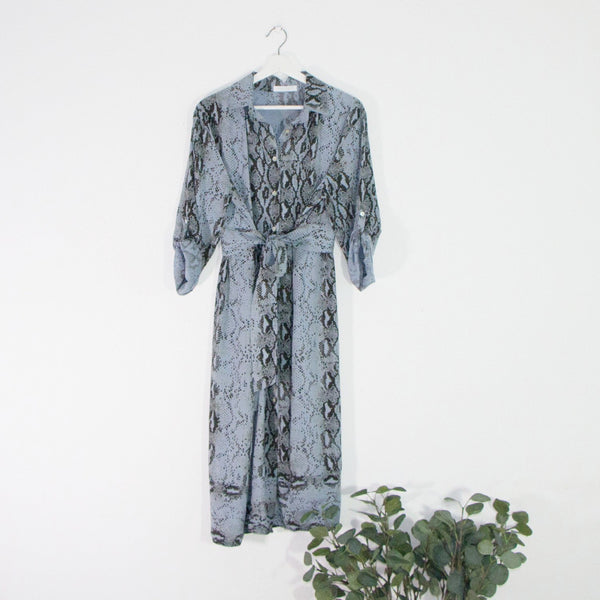 Snake print shirt dress with fabric belt to adjust size