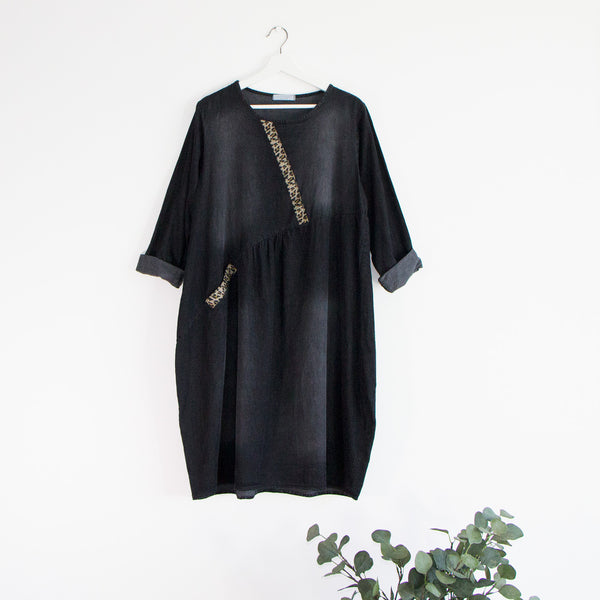 Short sleeve denim dress with a leopard print panel