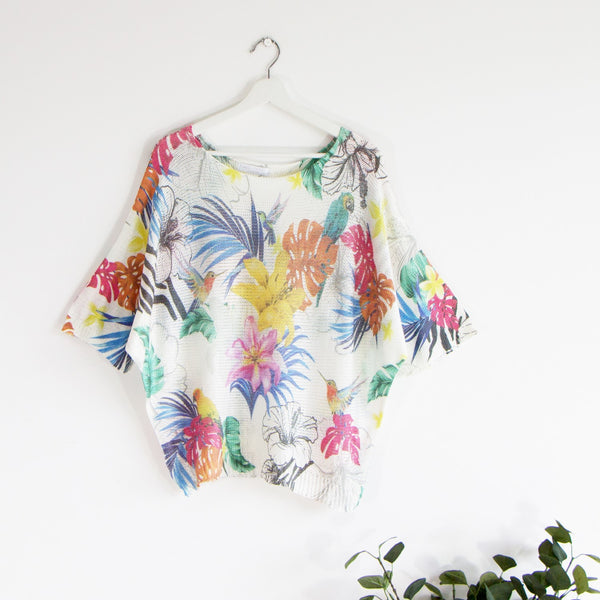 Tropical flowers and leaves print jumper