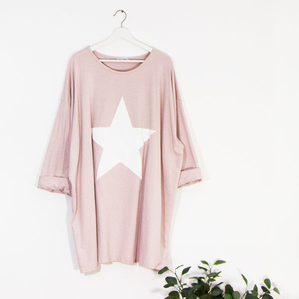 Longline Cotton Sweatshirt with Star Motif