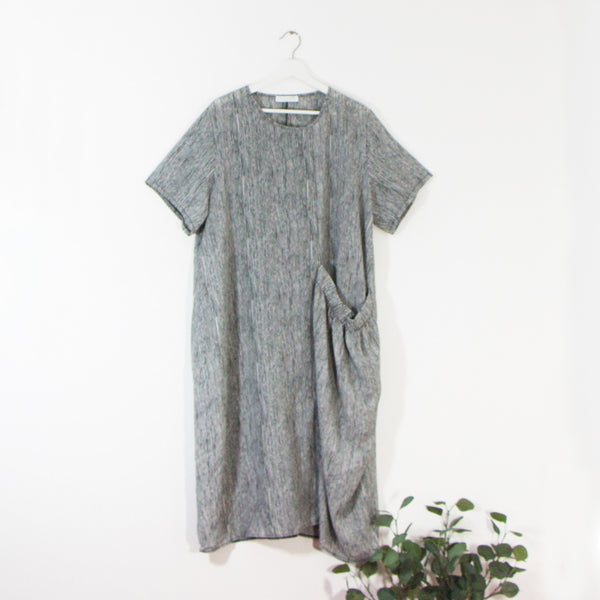 Free size dress with organic fine stripes and oversized elasticated pocket feature (M-L)