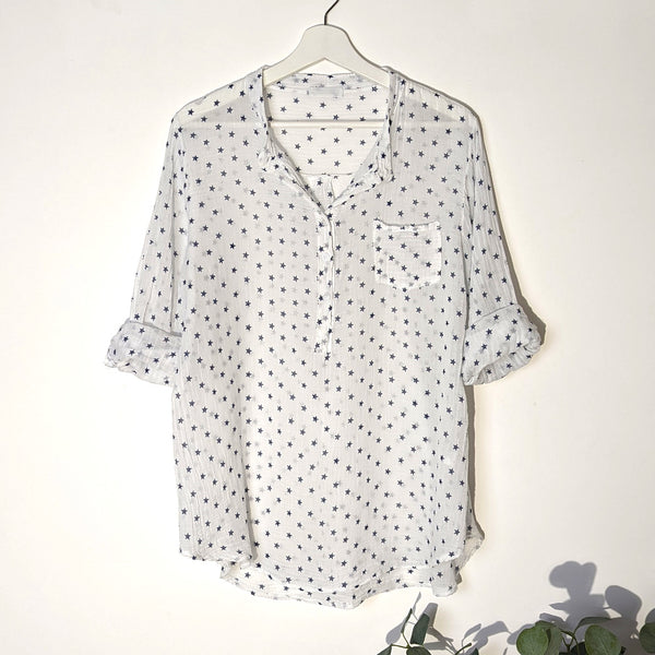 Collarless cotton vintage wash shirt with star print fabric (M)