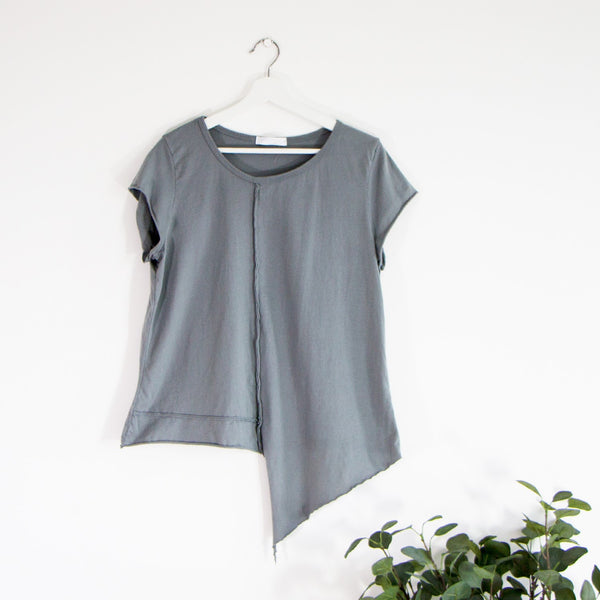Asymmetric jersey top with vintage raw edge