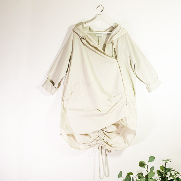 Hooded cotton and jersey mix Parka jacket with A-symmetric zip and drawstring detail