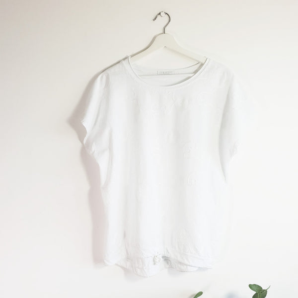 Squiggle embroidery linen front top with jersey back