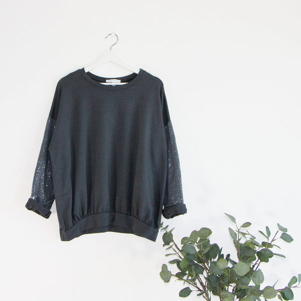 Crew neck dropped shoulder sweatshirt with sequin sleeves