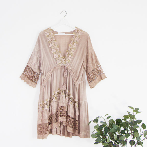 Boho prairie style viscose dress with vintage wash and gold lace detail