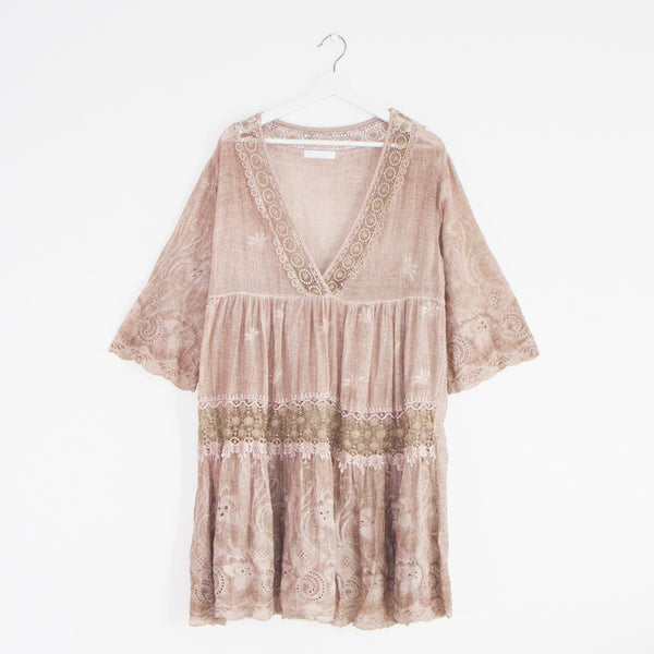 Boho prairie style cotton dress with vintage wash and gold lace detail