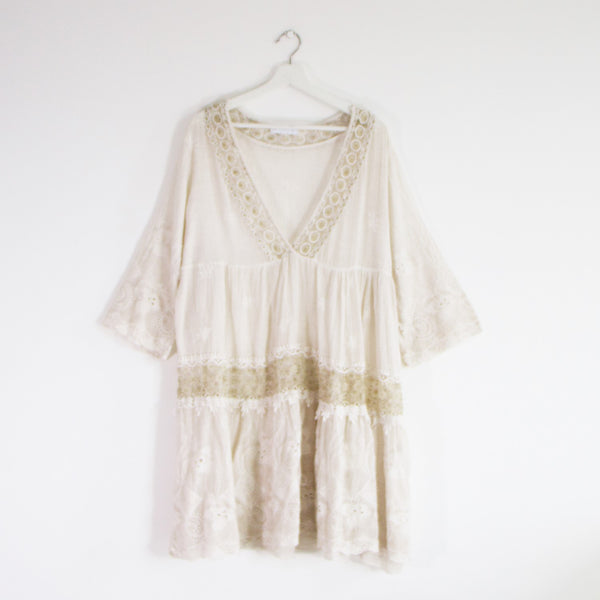 Boho prairie style cotton dress with vintage wash and gold lace detail