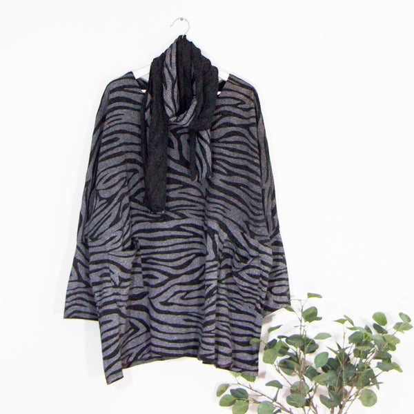 Free size zebra print top with pockets and matching scarf