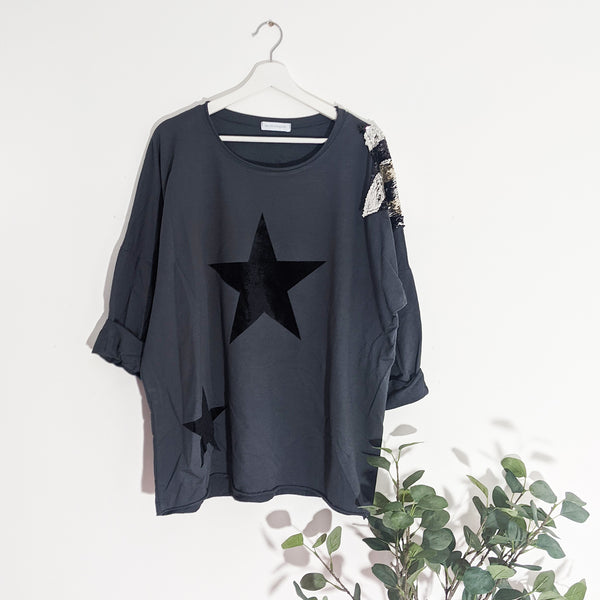 Black stars top with special reverse sequin shoulder detail