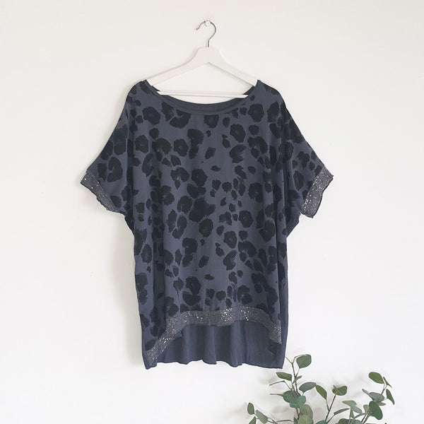 Classic Italian subtle sequin top with leopard print (0/S)