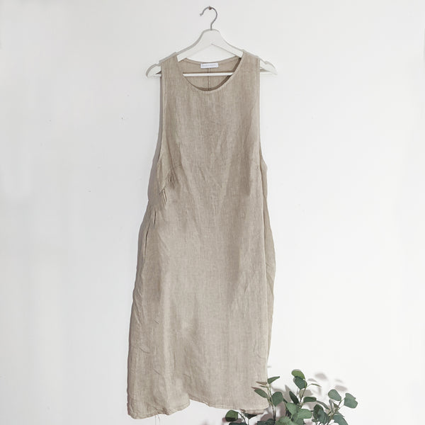 Linen cover up dress with slight ruched  sides and pockets