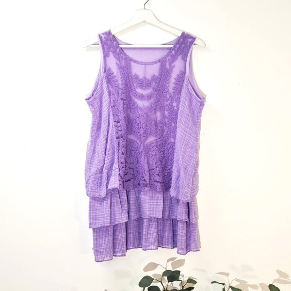 Cotton viscose mix layered top or dress with front lace panel detail (M)