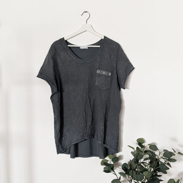 Linen top with pocket detail and eyelet trim