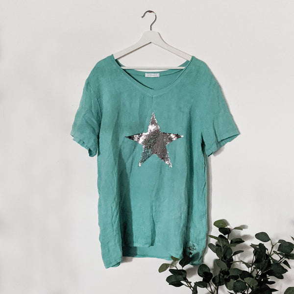 Linen top with silver sequin star