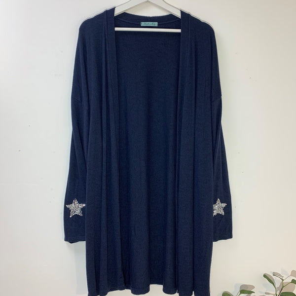 Mid-length basic cardi with crystal star detail on sleeves (35% wool)