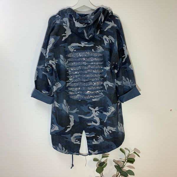 Camo jersey hoodie with ripped sequin detail on back and drawstring
