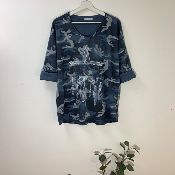 Camo print top with subtle dreamcatcher Amour crystal motif