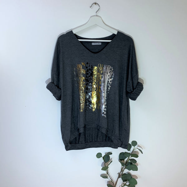 Soft touch animal hot print feather edge motif top
