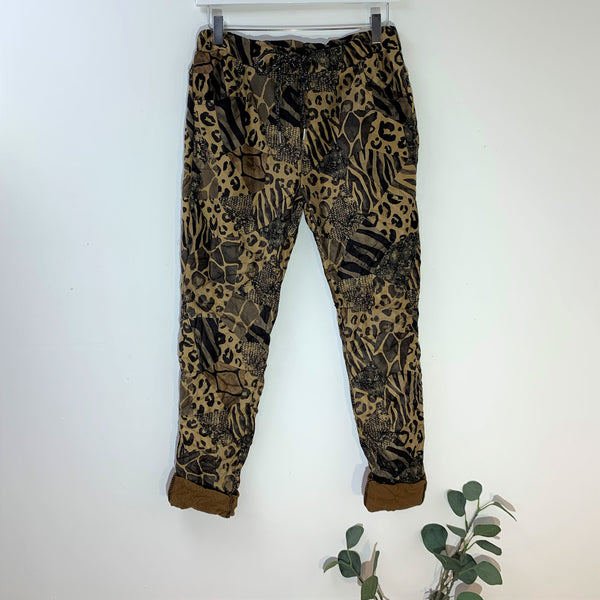 Super stretch nubuck style fabric giraffe fusion print trousers