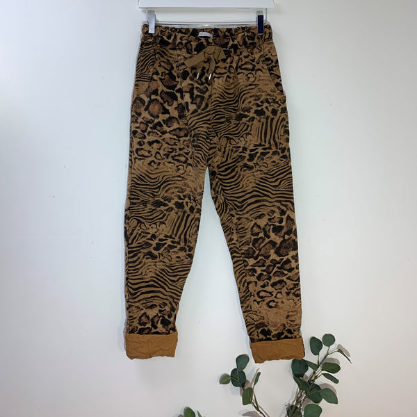 Super stretch nubuck style fabric animal fusion print trousers