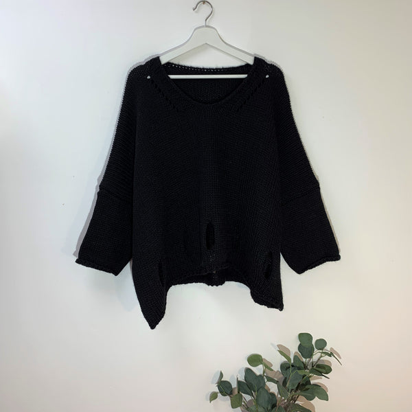 Alpaca mix jumper with hole detail near hemline & V neckline