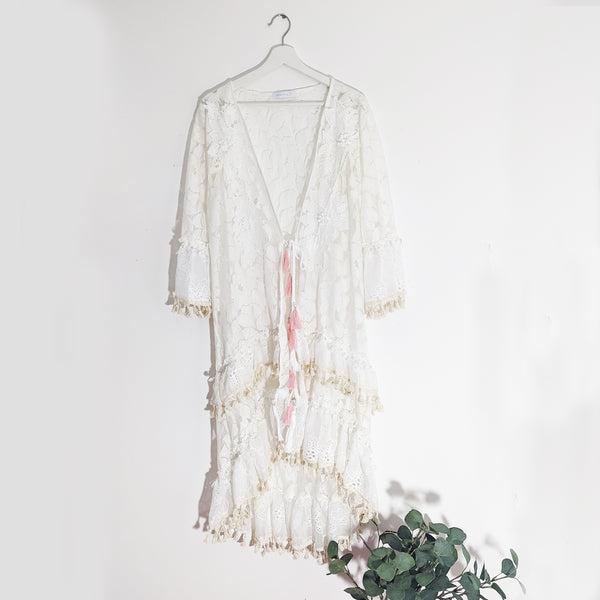Cotton elastane high low kaftan with subtle pearl and gold thread tassels