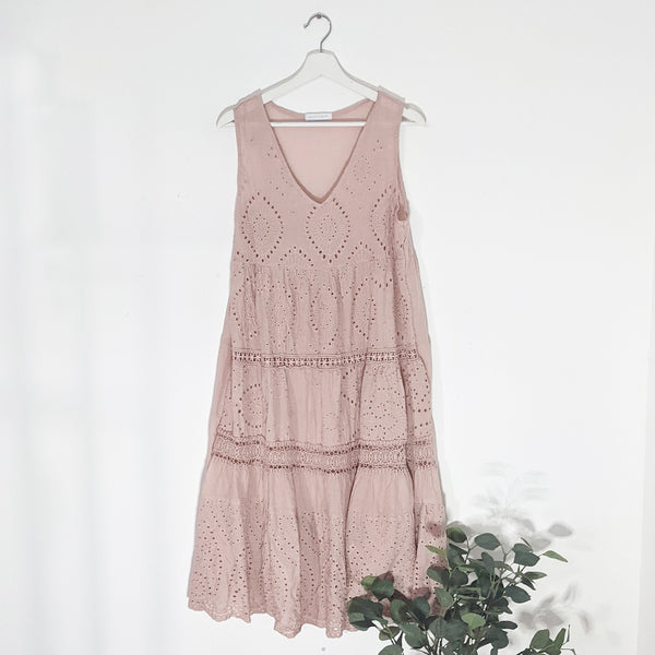 Embroidery anglaise front panel dress with v-neck