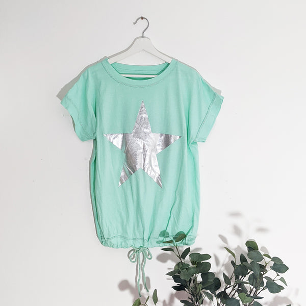 Vintage silver star top with silver stitching and drawstring hem detail