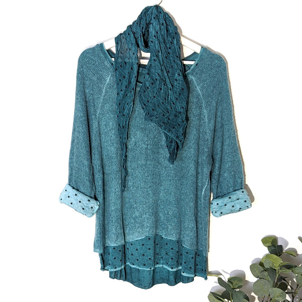 Double layer fine knit top with star scarf combo (S-M)