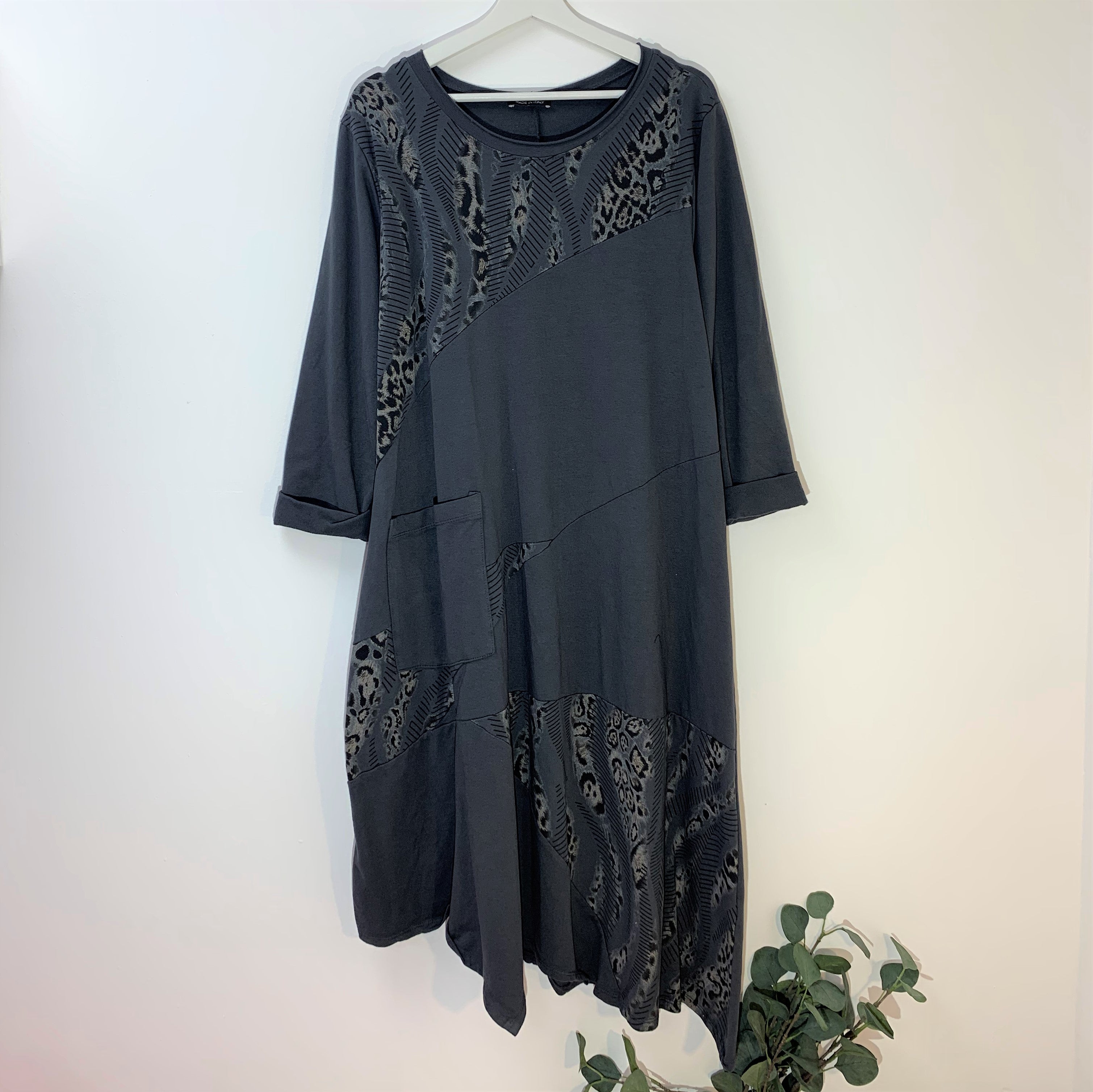 Long jersey dress with leopard fusion print panels and pocket detail ...