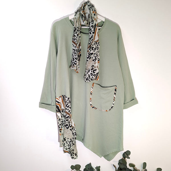 Roomy dual fabric asymmetric jersey top and scarf combo