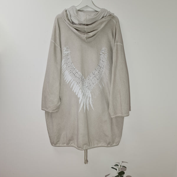 Long length vintage wash zip up hoodie with angel wings back & subtle crystal (M-L)