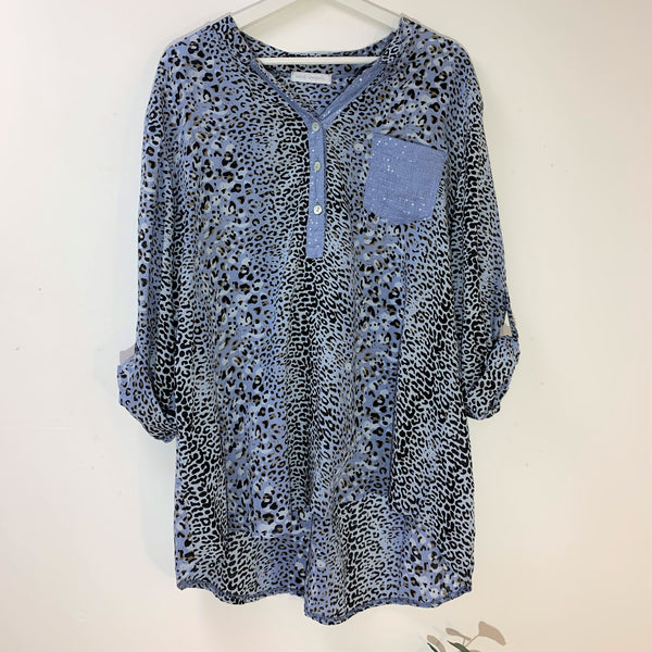 Mini leopard print shirt with subtle sequin neckline & pocket