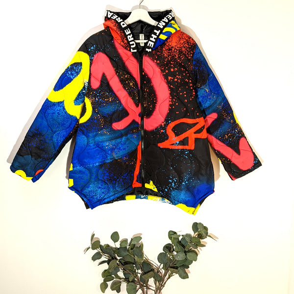 Quilted street style Graffiti hooded jacket with pockets (M-L)